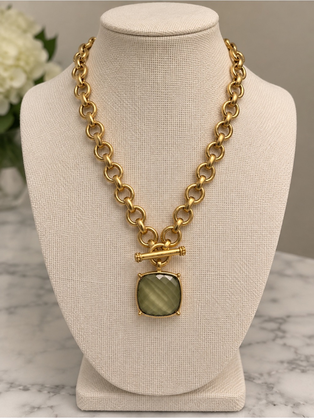 Gold Chain Necklace with Green Gem Pendant